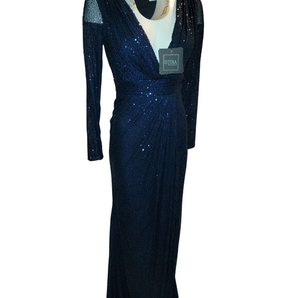NWT IEENA for Mac Duggal Womens Size 2 Navy Blue Sequin Long Sleeve Mesh Gown - Picture 2 of 13